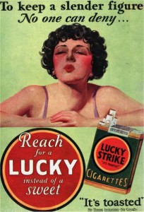 Vintage ad for Lucky Strike cigarettes features a winsome curly-bobbed woman and the advice: "To keep a slender figure, no one can deny... Reach for a Lucky instead of a sweet."