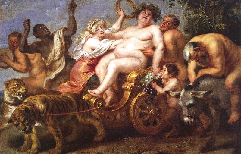Triumph of Bacchus (Museo de Prado, Madrid), by Cornelis de Vos (1584â€“1651). A fat and glowing Bacchus reclines on a chariot pulled by tigers, surrounded by adoring wood sprites and humans.